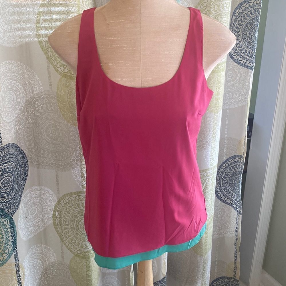 Willi Smith. Pink, silk-like tank with teal underlay. S. Only slightly worn.